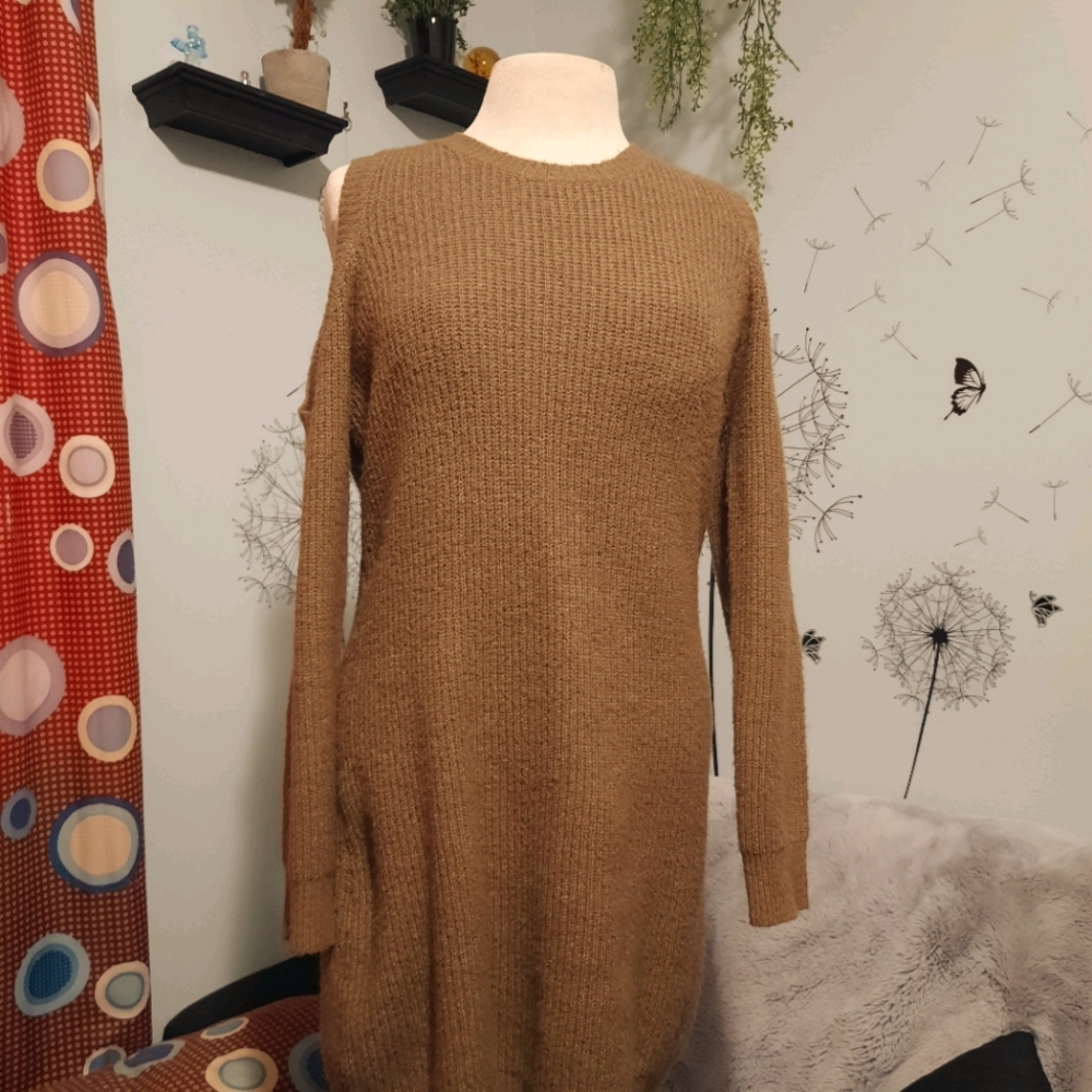 Brown Knit Open-Shoulder Body-Con Dress